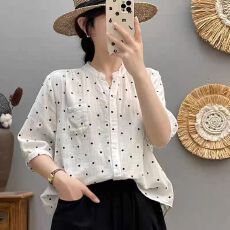 批发夏季双层棉纱波点衬衫减龄<b class='q'>大码</b>中袖衬衣复古时尚减龄休闲上衣女装