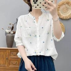 批发夏季双层棉纱波点衬衫减龄<b class='q'>大码</b>中袖衬衣复古时尚减龄休闲上衣女装
