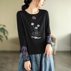 批发纯棉民族风刺绣长袖t恤衫女秋装2026新款韩版显瘦圆领套头打底衫