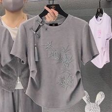 批发【40支1X1纯棉】新中式国风刺绣盘扣t恤短袖<b class='q'>女</b>装夏季爆款纯棉上衣