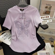 批发新中式国风盘扣短款上衣<b class='q'>女</b>2026<b class='q'>新款</b>设计感圆领独特别致刺绣T恤夏