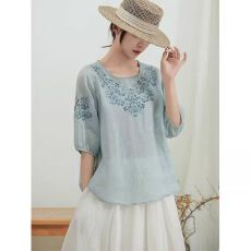 批发复古重工刺绣棉麻衬衫女2026<b class='q'>夏</b>新款薄款宽松显瘦气质圆领套头上衣