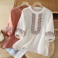 批发2026复古<b class='q'>夏</b>季新款纯色棉麻民族刺绣立领五分袖衬衫女宽松显瘦薄款