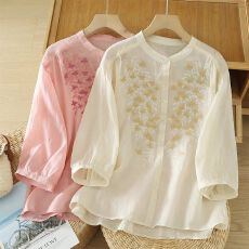 批发民族风刺绣棉麻衬衫女士<b class='q'>夏</b>季国风洋气漂亮灯笼袖棉麻薄款开衫上衣