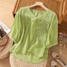 批发紫色短袖棉麻衬衫女显瘦胖mm遮肚子复古宽松大码盘扣棉麻上衣<b class='q'>夏</b>装