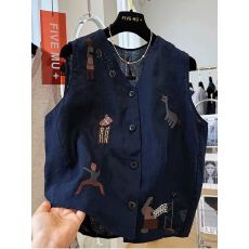 批发原版大码 韩版刺绣v领亚麻<b class='q'>马甲</b>女夏季新款高级感气质外穿无袖上衣