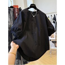 批发原版<b class='q'>大码</b> <b class='q'>欧美</b>高档独特别致小衫女夏季韩版韩系条纹短袖衬衫女