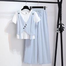 批发胖mm<b class='q'>大码</b>网红炸街两件套装休闲<b class='q'>运动服</b>假两件短袖t恤阔腿裤女夏季