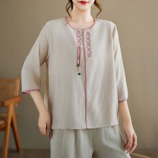 批发<b class='q'>外贸</b> 2026新款复古刺绣中年妈妈夏季宽松大码显瘦棉麻上衣女
