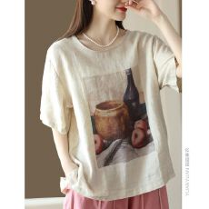 批发2026新款复古印花夏季文艺宽松棉麻圆领休闲<b class='q'>百搭</b>上衣短袖显瘦<b class='q'>T</b><b class='q'>恤</b>