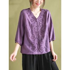 批发<b class='q'>外贸</b>文艺复古V领中国风刺绣T恤衫女夏季宽松显瘦百搭高定天丝上衣