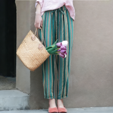 批发仿棉麻裤女春夏新款女士宽松大码萝卜薄款文艺条纹哈伦九分休闲裤