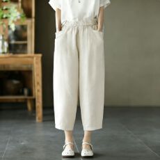 批发2026新款夏季棉麻女休闲百搭<b class='q'>哈伦</b>女士妈妈薄款松紧<b class='q'>七分裤</b>弹力筒裤