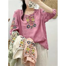批发大码刺绣民族风2026夏季新款七分袖棉麻复古文艺宽松<b class='q'>T</b><b class='q'>恤</b><b class='q'>百搭</b>上衣