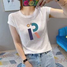 批发夏新款圆领<b class='q'>大码</b>竹节棉印花减龄短袖t恤女雪花棉简约亲肤透气上衣