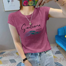 批发夏新款圆领<b class='q'>大码</b>竹节棉印花减龄短袖t恤女雪花棉简约亲肤透气上衣