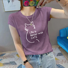 批发夏新款圆领<b class='q'>大码</b>竹节棉印花减龄短袖t恤女雪花棉简约亲肤透气上衣