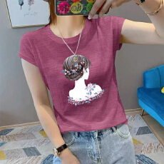 批发夏新款圆领<b class='q'>大码</b>竹节棉印花减龄短袖t恤女雪花棉简约亲肤透气上衣