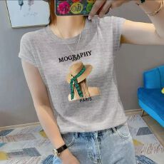 批发夏新款圆领<b class='q'>大码</b>竹节棉印花减龄短袖t恤女雪花棉简约亲肤透气上衣