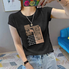 批发夏新款圆领<b class='q'>大码</b>竹节棉印花减龄短袖t恤女雪花棉简约亲肤透气上衣