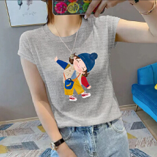 批发夏新款圆领<b class='q'>大码</b>竹节棉印花减龄短袖t恤女雪花棉简约亲肤透气上衣