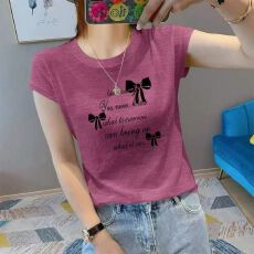 批发夏新款圆领<b class='q'>大码</b>竹节棉印花减龄短袖t恤女雪花棉简约亲肤透气上衣