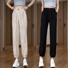 批发胖mm大码休闲束脚灯笼裤<b class='q'>女</b>夏季薄款高腰冰丝垂感小个子九分运动裤