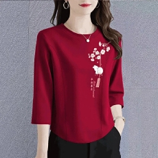批发纯棉印花<b class='q'>七分袖</b>拼接女早秋韩版宽松大码中袖圆领弧形百搭体恤上衣