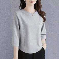 批发纯棉印花<b class='q'>七分袖</b>拼接女早秋韩版宽松大码中袖圆领弧形百搭体恤上衣