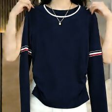 批发26春季新款纯棉<b class='q'>长袖</b><b class='q'>T</b><b class='q'>恤</b>收腰褶皱宽松假两件圆领条纹织带打底衫女