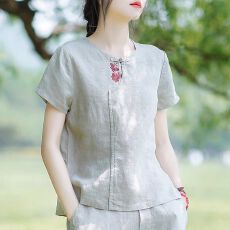 批发棉麻中式国风<b class='q'>t</b><b class='q'>恤</b>复古女装夏季2026新款宽松休闲上衣短款<b class='q'>短袖</b>小衫