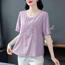 批发时尚刺绣<b class='q'>短袖</b>棉麻<b class='q'>T</b><b class='q'>恤</b>女士夏装新款宽松休闲小衫洋气妈妈遮肚上衣