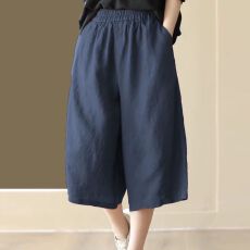 批发**捡漏<b class='q'>外贸</b>撤柜折扣纯色七分裤女夏阔腿宽松复古休闲短裤棉麻女裤