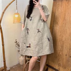批发外贸~2026夏季新款休闲百搭甜美风简约汉麻手工刺绣袍子女<b class='q'>衬衫</b>裙