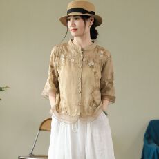 批发意大利<b class='q'>外贸</b>出口文艺复古重工刺绣棉麻上衣七分袖棉麻蕾丝拼接小衫