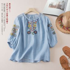 批发大码刺绣民族风2026夏季新款<b class='q'>七分袖</b>棉麻复古文艺宽松<b class='q'>T</b><b class='q'>恤</b>百搭上衣