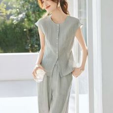 批发夏季新款2026<b class='q'>韩版</b>时尚洋气无袖衬衫上衣套装宽松休闲长裤两件套女