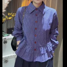 批发韩系蓝色格子拼接<b class='q'>长袖</b><b class='q'>衬衫</b>女春季2026新款学院风时尚减龄洋气上衣