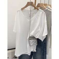 批发原版大码 <b class='q'>韩版</b>韩系雪花棉宽松慵懒风V领短袖t恤女夏季新款上衣