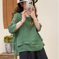批发双层棉麻套头<b class='q'>衬衫女</b>休闲百搭盘扣假两件纯色上衣女2026夏季新款