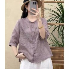 批发复古文艺苎麻刺绣<b class='q'>衬衫女</b>2026夏季薄款透气五分袖小衫宽松显瘦上衣