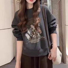 批发美式慵懒风印花圆领<b class='q'>卫衣</b>女春季新款大码胖mm宽松显瘦减龄长袖上衣