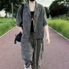 批发<b class='q'>外贸</b> 套装新款宽松条纹复古时尚西服2026外套休闲百搭哈伦两件套