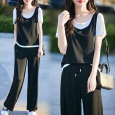 批发时尚夏季百搭假两件T恤休闲洋气短袖显瘦套装新款两件套<b class='q'>上衣</b>女