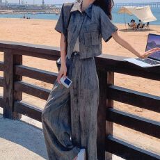 批发时尚套装女夏季2026新款轻熟高级感短袖衬衫<b class='q'>上衣</b>休闲阔腿裤两件套