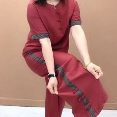 批发外贸2026夏季新款冰丝亚麻套裤两件套女<b class='q'>妈妈装</b>时尚洋气阔腿裤套装