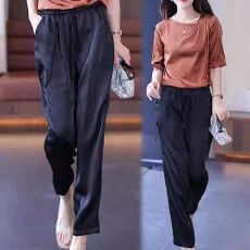 批发垂感冰丝<b class='q'>女</b>裤凉感夏季新款宽松百搭<b class='q'>哈伦裤</b>薄款小个子九分萝卜裤<b class='q'>女</b>