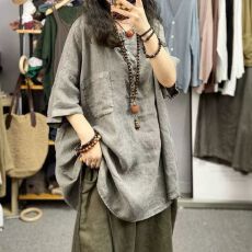 批发外贸特大码胖妹妹中长款文艺复古短袖<b class='q'>T</b><b class='q'>恤</b>女夏<b class='q'>宽松</b>仿亚麻衬衫上衣