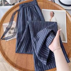 批发藏蓝条纹亚麻<b class='q'>九分</b>直筒裤女2026春夏季轻薄麻料蕾丝腰带凉凉阔腿裤