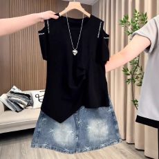 批发网红爆款2026夏季新款韩版韩系不规则设计露肩T恤短袖上衣女大码